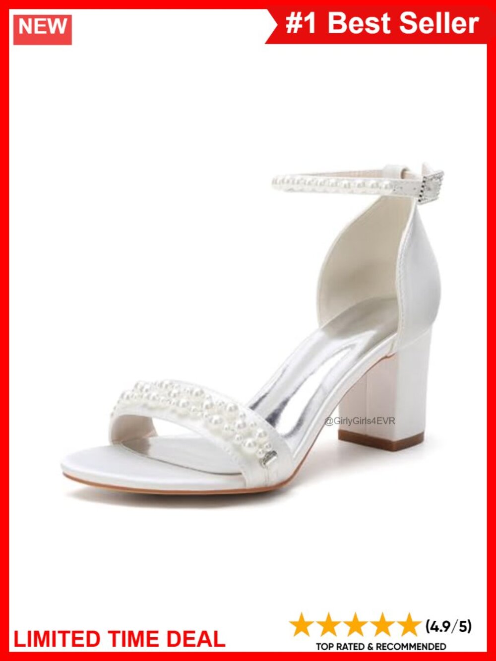 Women's Pearl Block Heels Satin Open Toe Ankle Strap Wedding Bridal Sandals